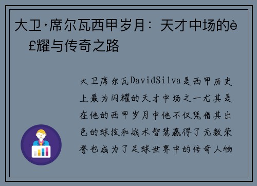 大卫·席尔瓦西甲岁月:天才中场的荣耀与传奇之路 大卫·席尔瓦西甲岁月:天才中场的荣耀与传奇之路